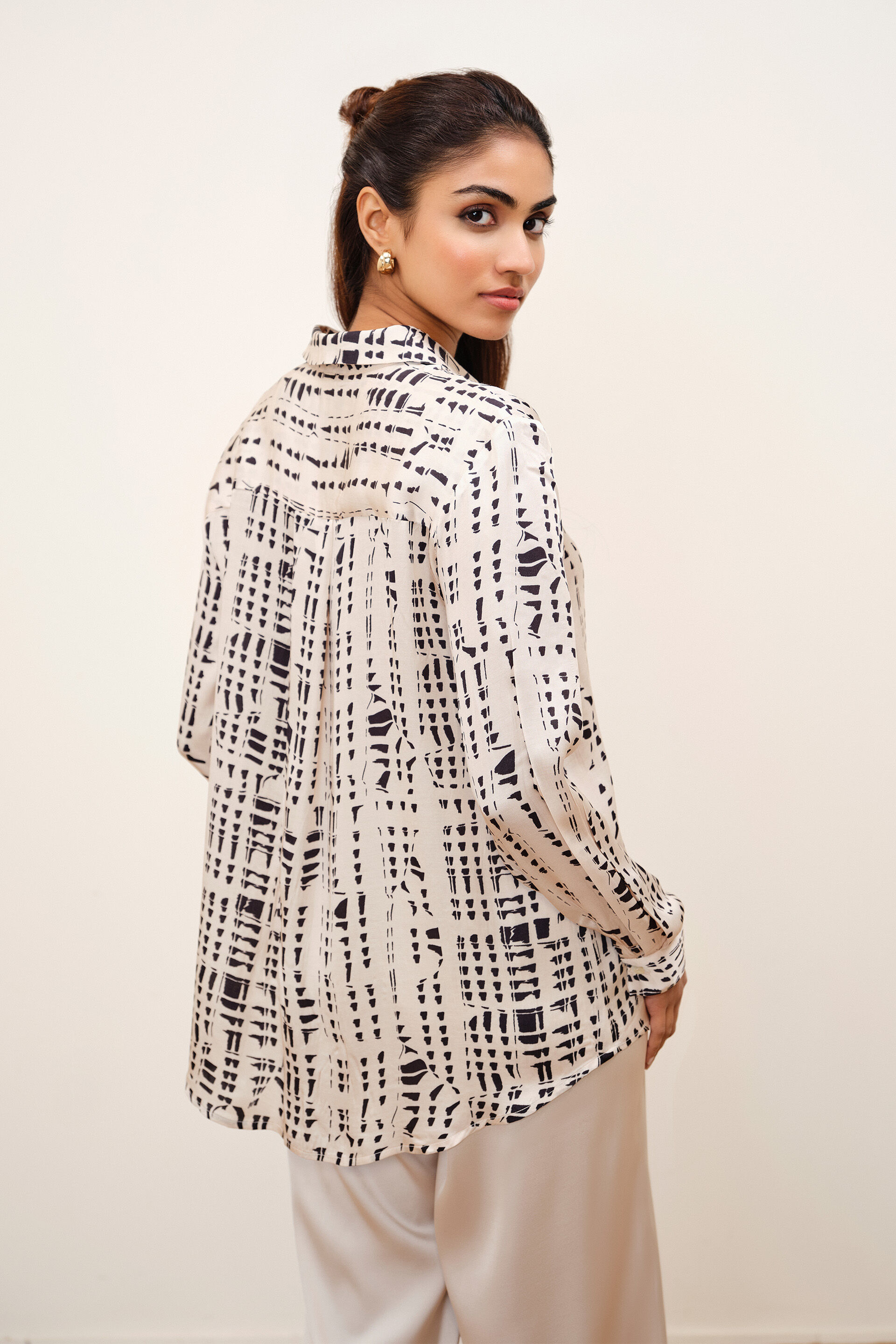 Printed Beige Modal Satin Shirt, Beige, image 6